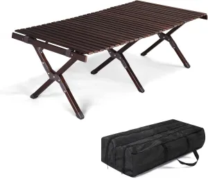 Folding Camping Table, Portable Picnic Table, Wooden Folding Table, Roll-Up Table Portable Picnic Table with Carrying Bag for Outdoor, Beach, Picnic, Backyards, BBQ and Party