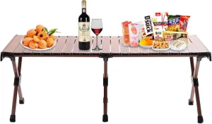 Folding Camping Table, Roll-Up Folding Table w/Carry Bag, Portable Aluminum Picnic Table, Low Height Beach Table for Outdoor Use, Travel, BBQ & Hiking, Easy Assembly, Natural (Large)