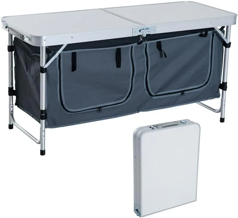 Folding Camping Table with Storage Organizer, Aluminum Light Weight Outdoor Folding Table Height Adjustable for BBQ Party Camping Picnic