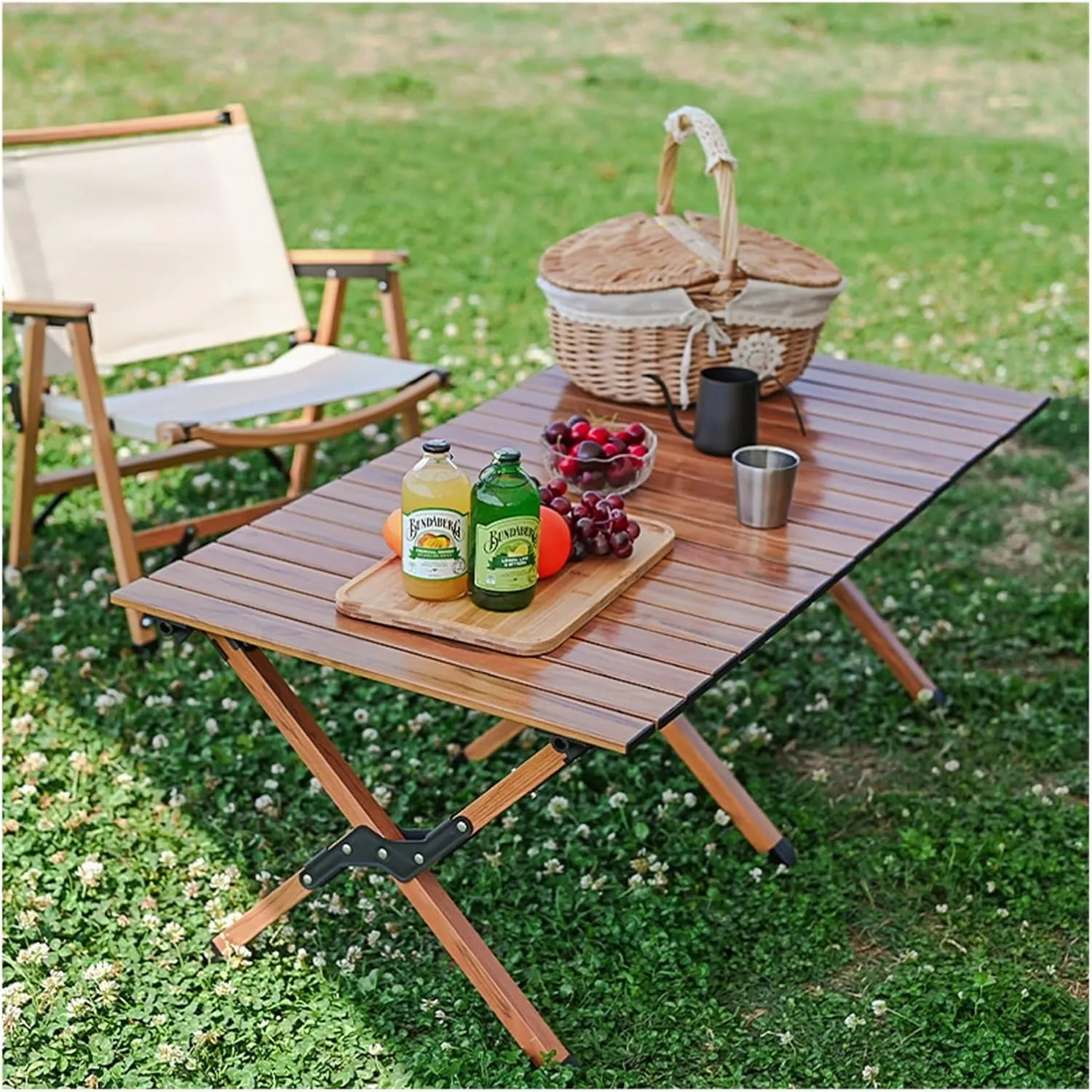 Folding Dining Table Aluminum Camping Picnic Egg Roll Camping Chair Outdoor Folding Table Portable (Color : Brown-L)