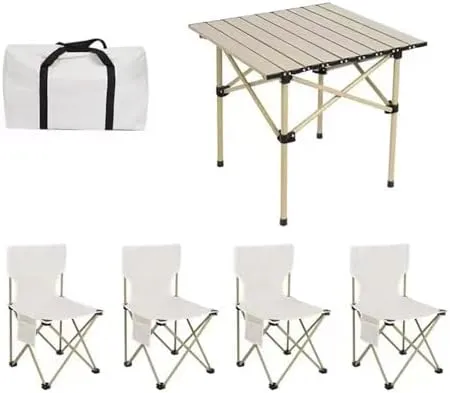 Folding Outdoor Camping Picnic Tables and Chairs, Carbon Steel Foldable Roll-up Table Top Small Picnic Table, Portable Fishing Chair Set, Easy to Assemble (53cm5PCSBlue Chair)