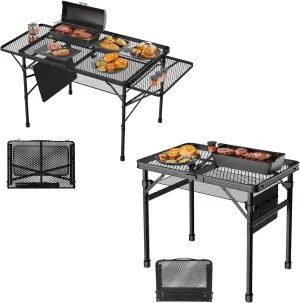 Folding Table 2pcs, 3x2 FT and 2x1.3 FT Camping Table with Mesh Desktop,Height Adjustable Folding Grill Table with Mesh Bag,Portable Outdoor Table for Picnic,Camping,BBQ,Beach(Black)