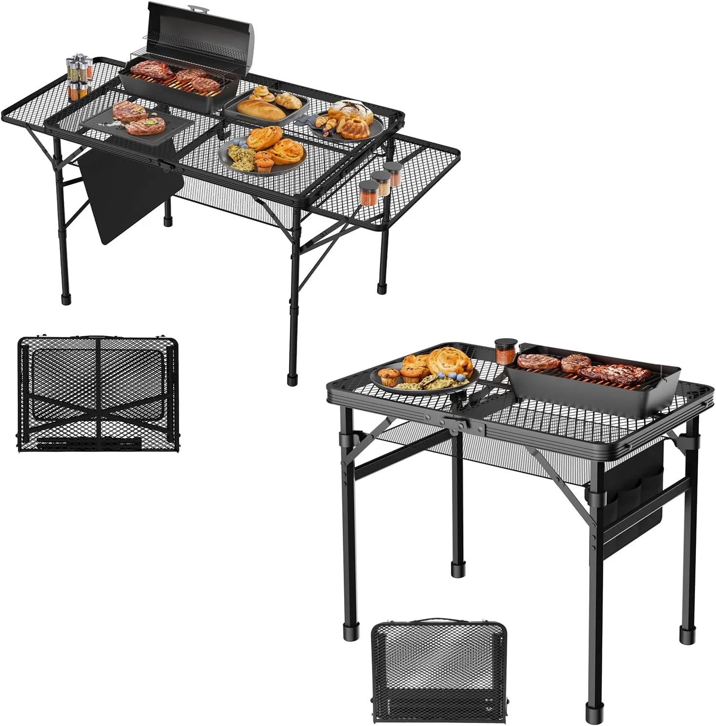 Folding Table 2pcs, 3x2 FT and 2x1.3 FT Camping Table with Mesh Desktop,Height Adjustable Folding Grill Table with Mesh Bag,Portable Outdoor Table for Picnic,Camping,BBQ,Beach(Black)