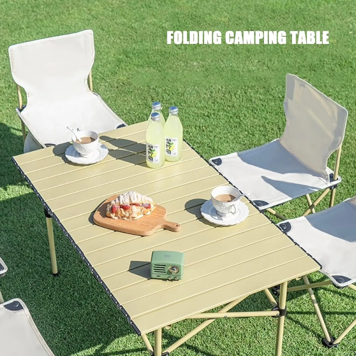 Folding Table, Portable Aluminum Roll-up Camping Table with Carrying Bags, Rectangular Camp Folding Table for Indoor & Outdoor Party, Picnic, Beach, BBQ, Garden, Backyard, Beige