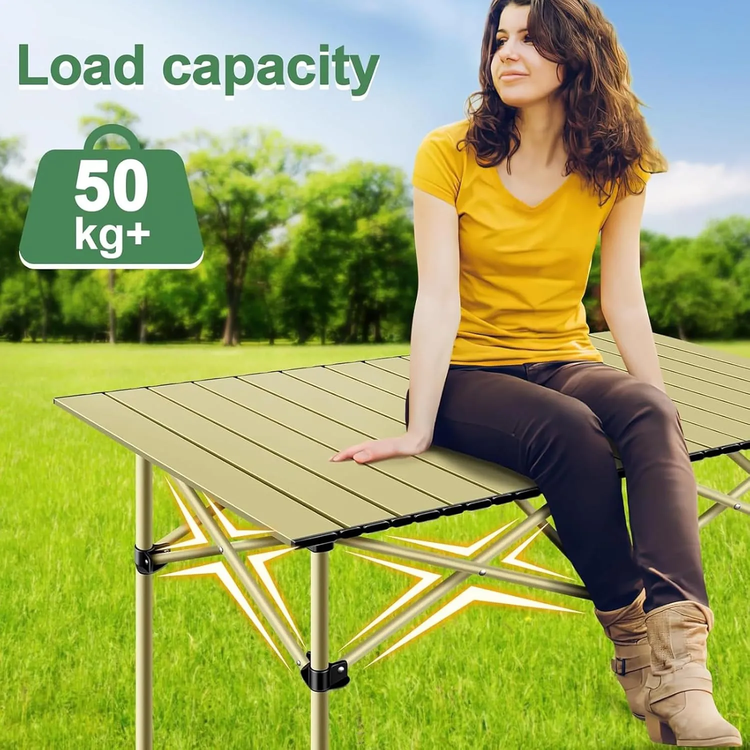 Folding Table, Portable Aluminum Roll-up Camping Table with Carrying Bags, Rectangular Camp Folding Table for Indoor & Outdoor Party, Picnic, Beach, BBQ, Garden, Backyard, Beige