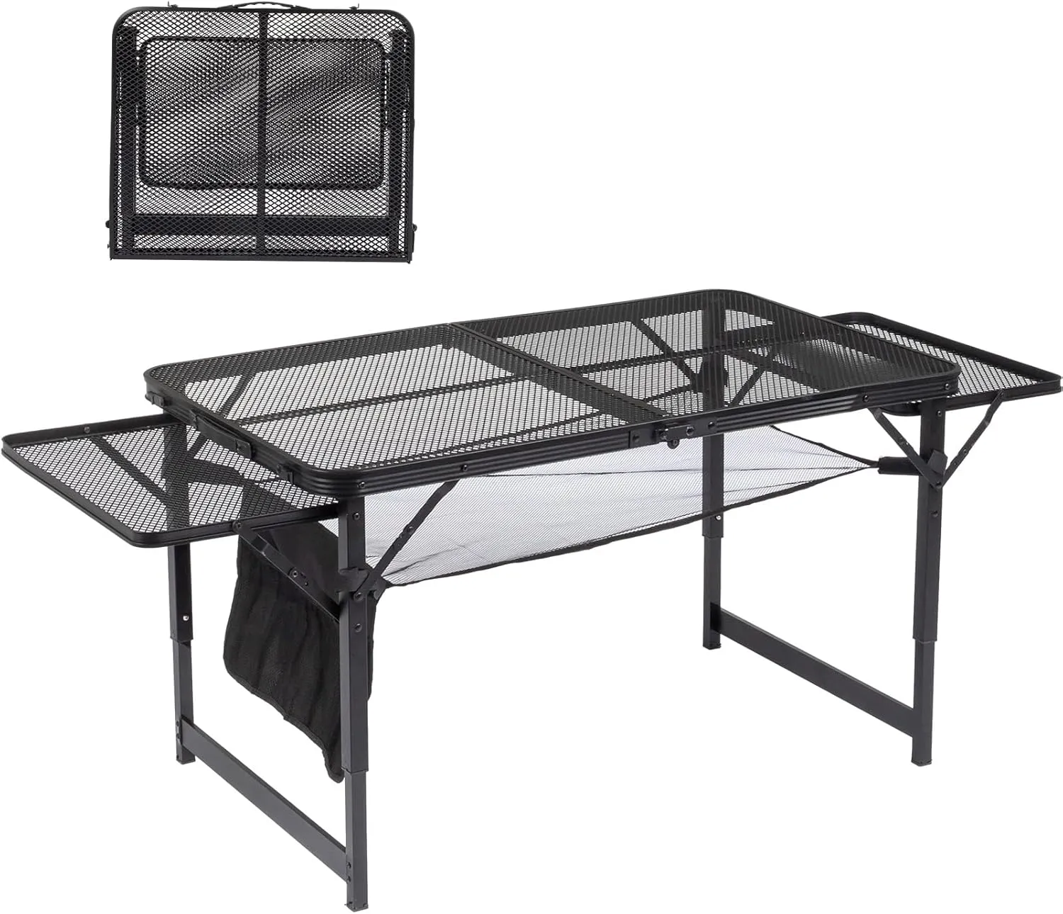 Folding Table with 2 Wing Panels, 4.7 ft Camping Table with Mesh Desktop & Organizer Bag, Height Adjustable Portable Grill Table for Outdoor,Picnic,Camping,BBQ,Beach (Black)