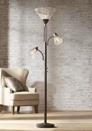 Franklin Iron Works Warwick Industrial Torchiere Tree Floor Lamp LED 3-Light Edison 71.5" Tall Tiger Bronze Metal Clear Seedy Glass Shade for Living Room Reading House Bedroom Home