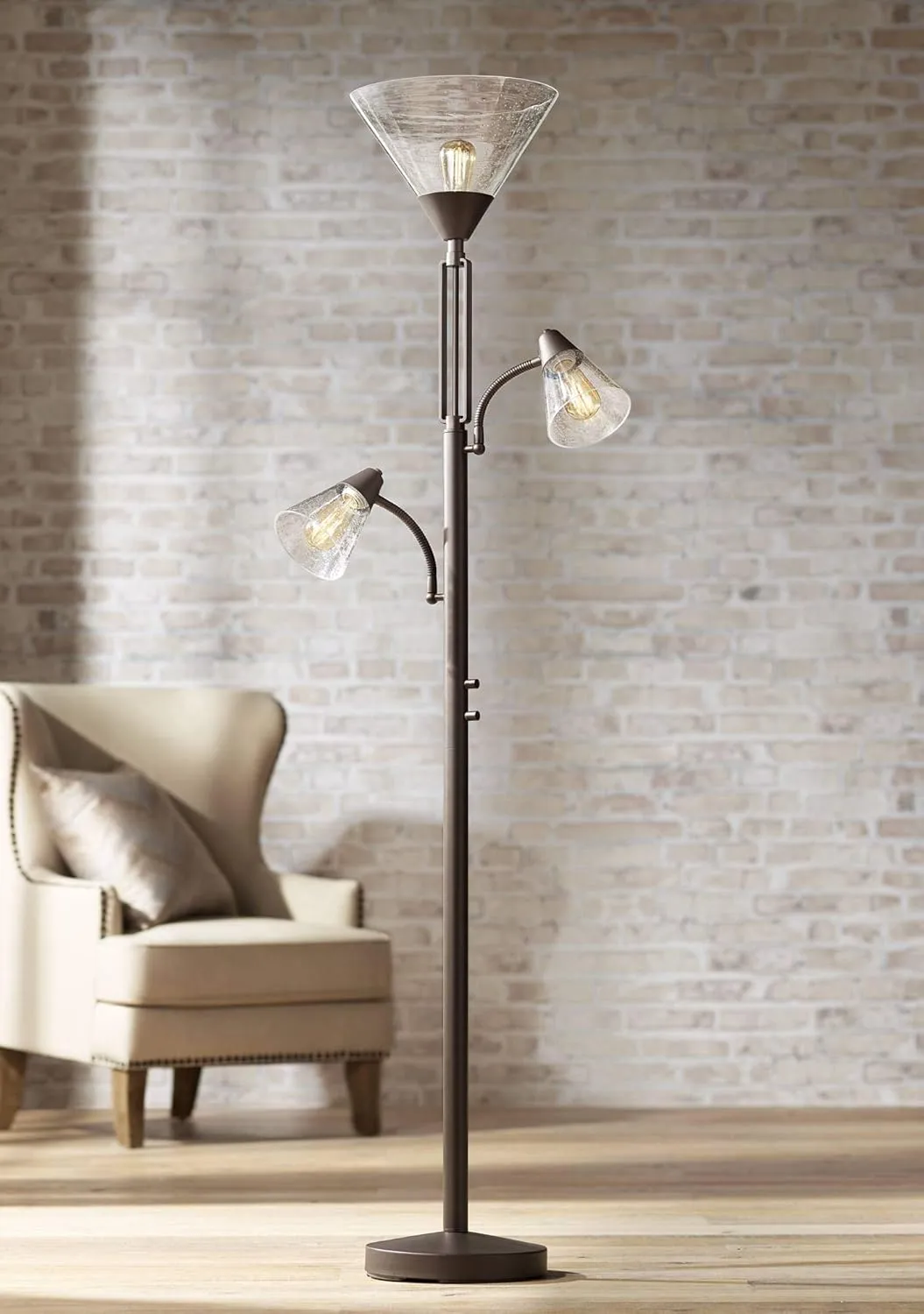 Franklin Iron Works Warwick Industrial Torchiere Tree Floor Lamp LED 3-Light Edison 71.5" Tall Tiger Bronze Metal Clear Seedy Glass Shade for Living Room Reading House Bedroom Home