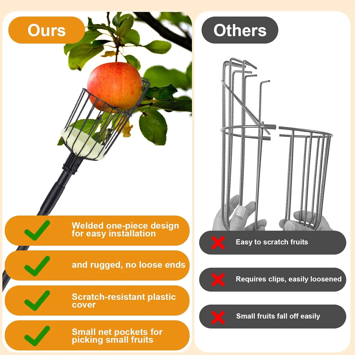 Fruit Picker Pole with Basket Telescoping, 10.7FT (130 Inch) Adjustable Fruits Picker Tool with Stainless Steel Handle Fruit Grabber Reach Tool for Apple Mango Pear Avocados Fruit Picking, Black