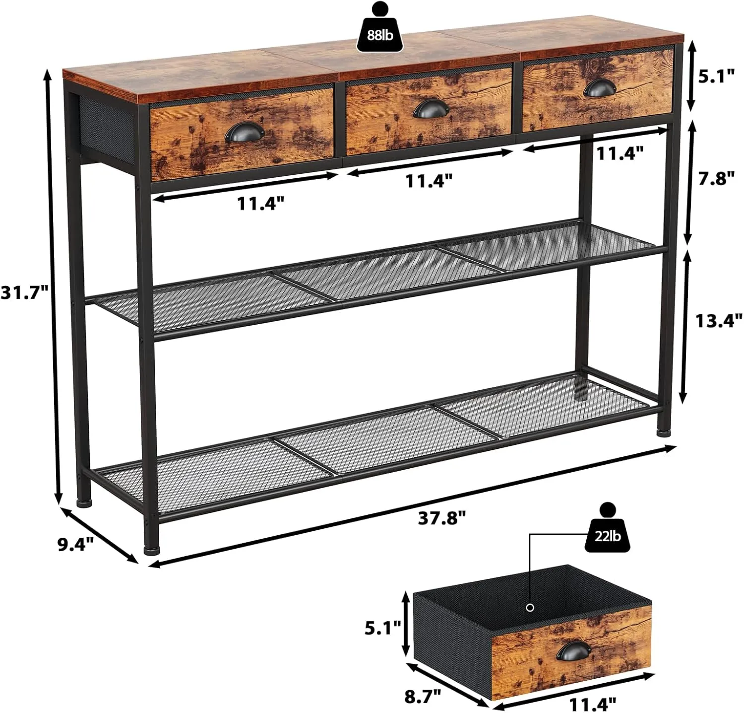 Furologee Entryway Table, 38'' Console Sofa Table with 3 Fabric Drawers, Industrial Entry Way Table with Storage Shelves, Display Shelf for Living Room, Hallway, Entrance, Foyer, Rustic Brown