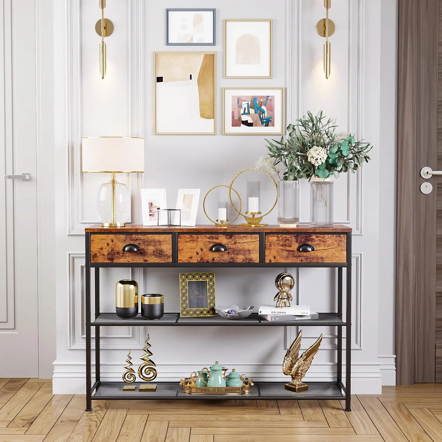 Furologee Entryway Table, 38'' Console Sofa Table with 3 Fabric Drawers, Industrial Entry Way Table with Storage Shelves, Display Shelf for Living Room, Hallway, Entrance, Foyer, Rustic Brown