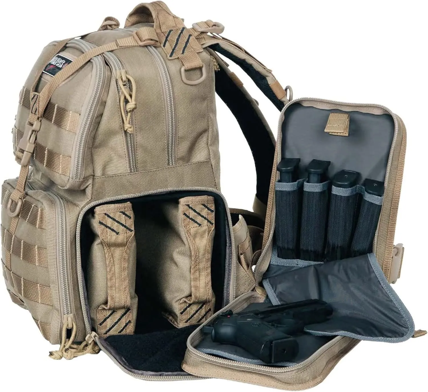 G. Outdoor Products G.P.S. Tactical Range Backpack | Tan | 3 Handguns Capacity | MOLLE Webbing | Durable Waterproof Stain-Resistant Shooting Tactical Gear