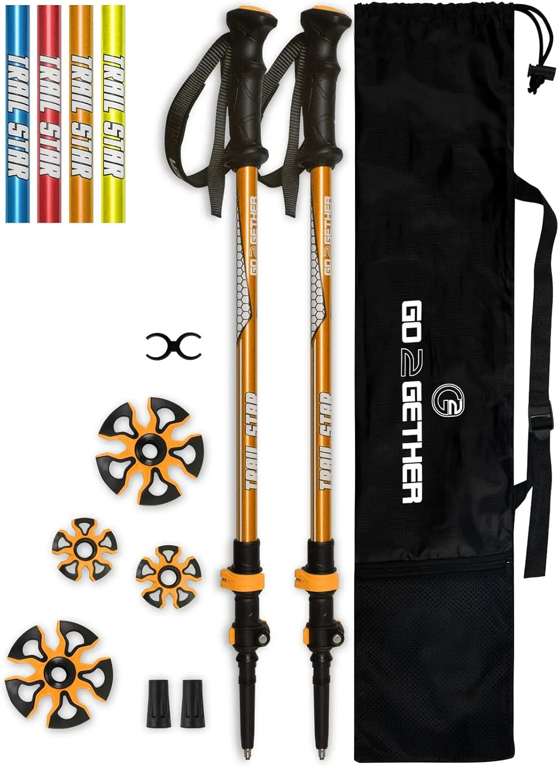 G2 Telescopic Trekking Poles/Aluminum Alloy/Comfort BMM Handle/Foam Padded Wrist Strap/Auto-Adjustable Strap/Quick Flip Lock/Snow Baskets Attached (Pack of 2 Poles), Orange/Blue/Yellow/Red