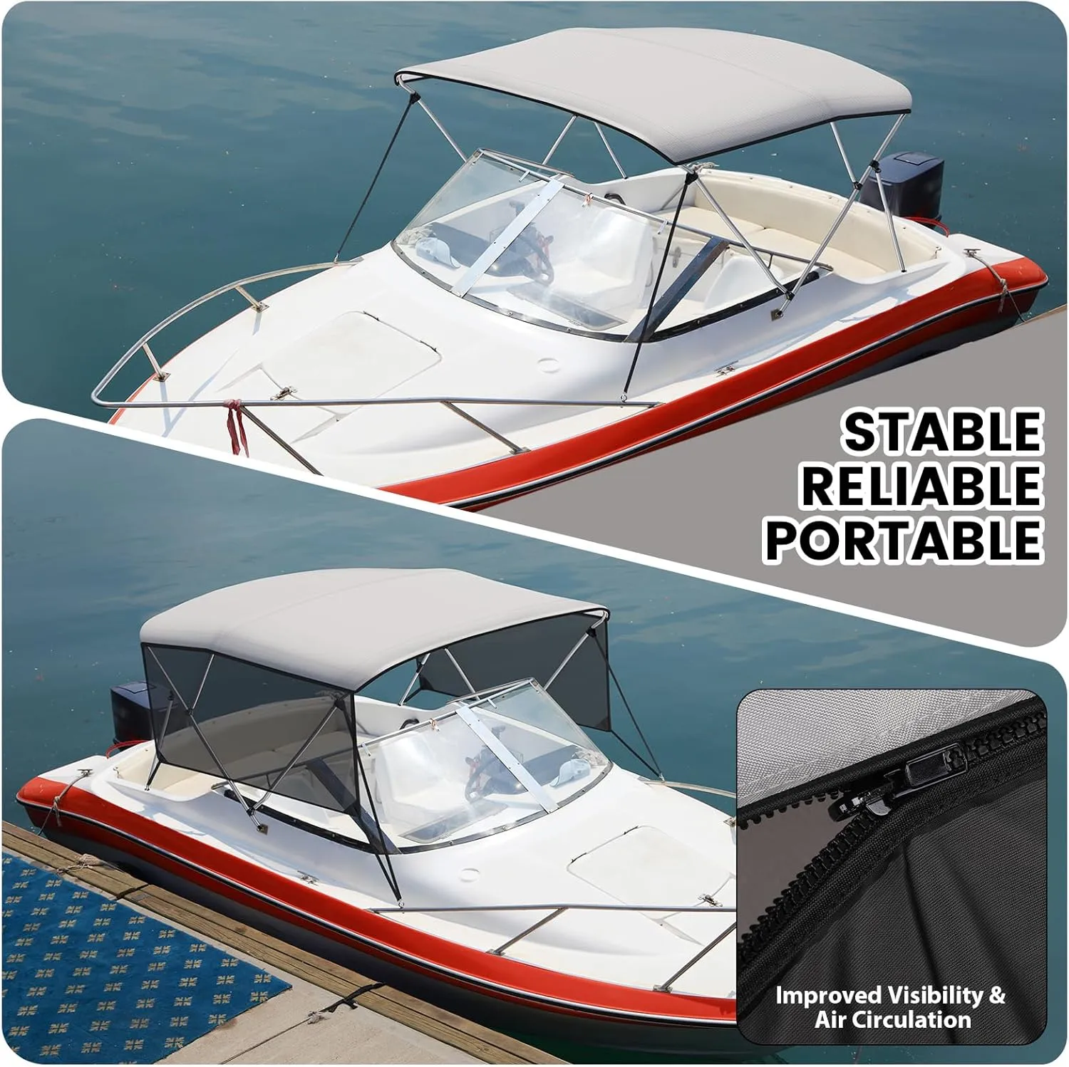 GAOMON 3 Bow Bimini Tops with Mesh Sidewalls Support Poles for Boats Durable Marine Grade Canvas Top Includes 2 Straps Storage Boot 1 Inch Aluminum Frame (3 Bow 6'L x 46" H x 54"-60" W)