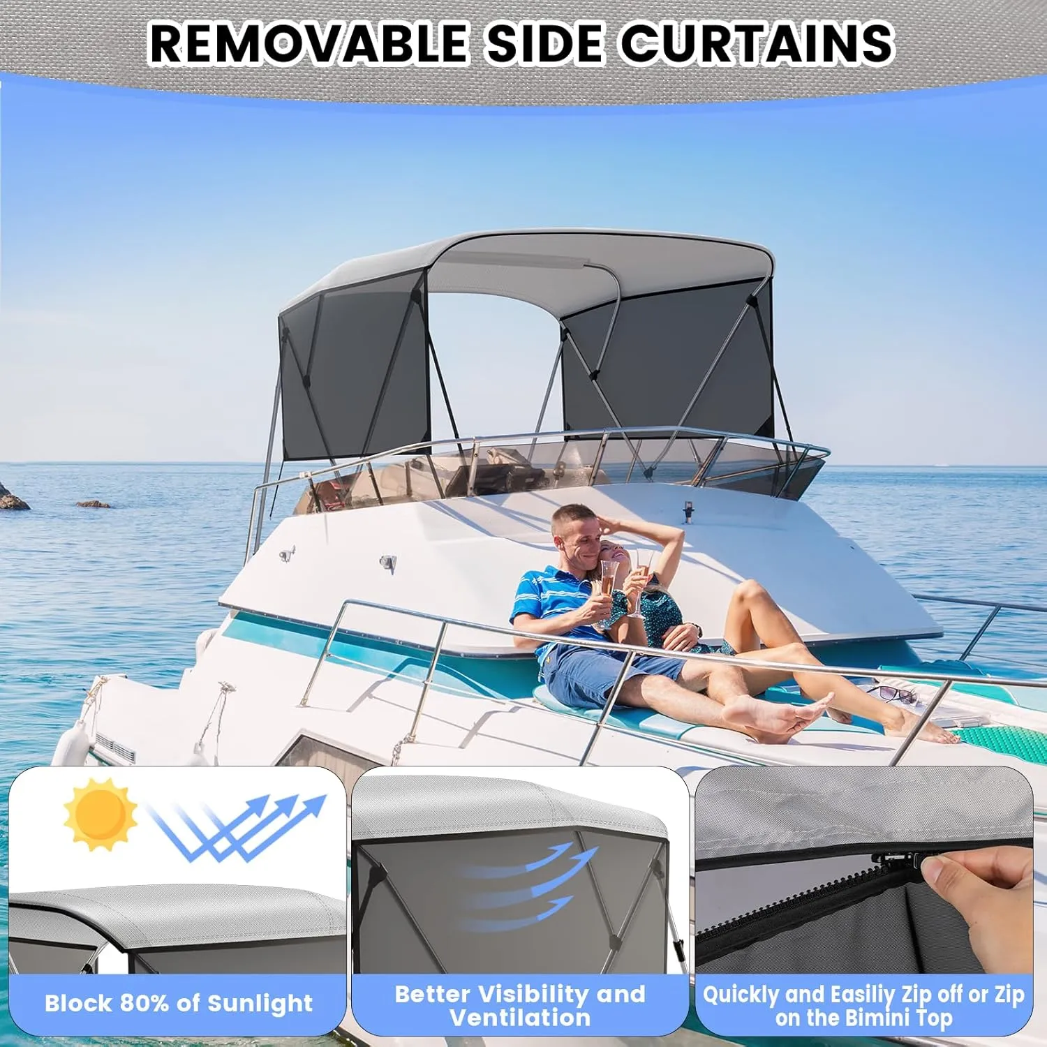 GAOMON 3 Bow Bimini Tops with Mesh Sidewalls Support Poles for Boats Durable Marine Grade Canvas Top Includes 2 Straps Storage Boot 1 Inch Aluminum Frame (3 Bow 6'L x 46" H x 54"-60" W)