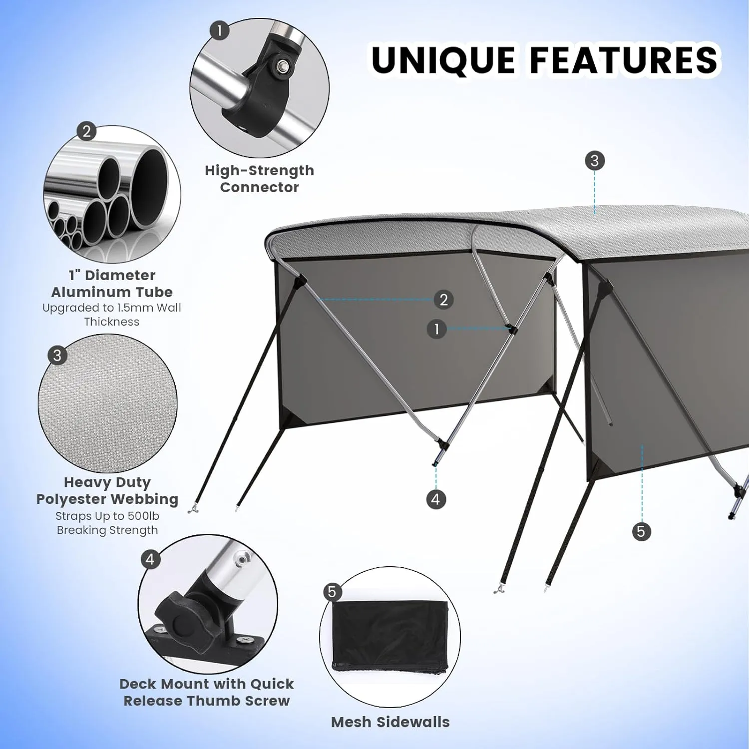 GAOMON 3 Bow Bimini Tops with Mesh Sidewalls Support Poles for Boats Durable Marine Grade Canvas Top Includes 2 Straps Storage Boot 1 Inch Aluminum Frame (3 Bow 6'L x 46" H x 54"-60" W)