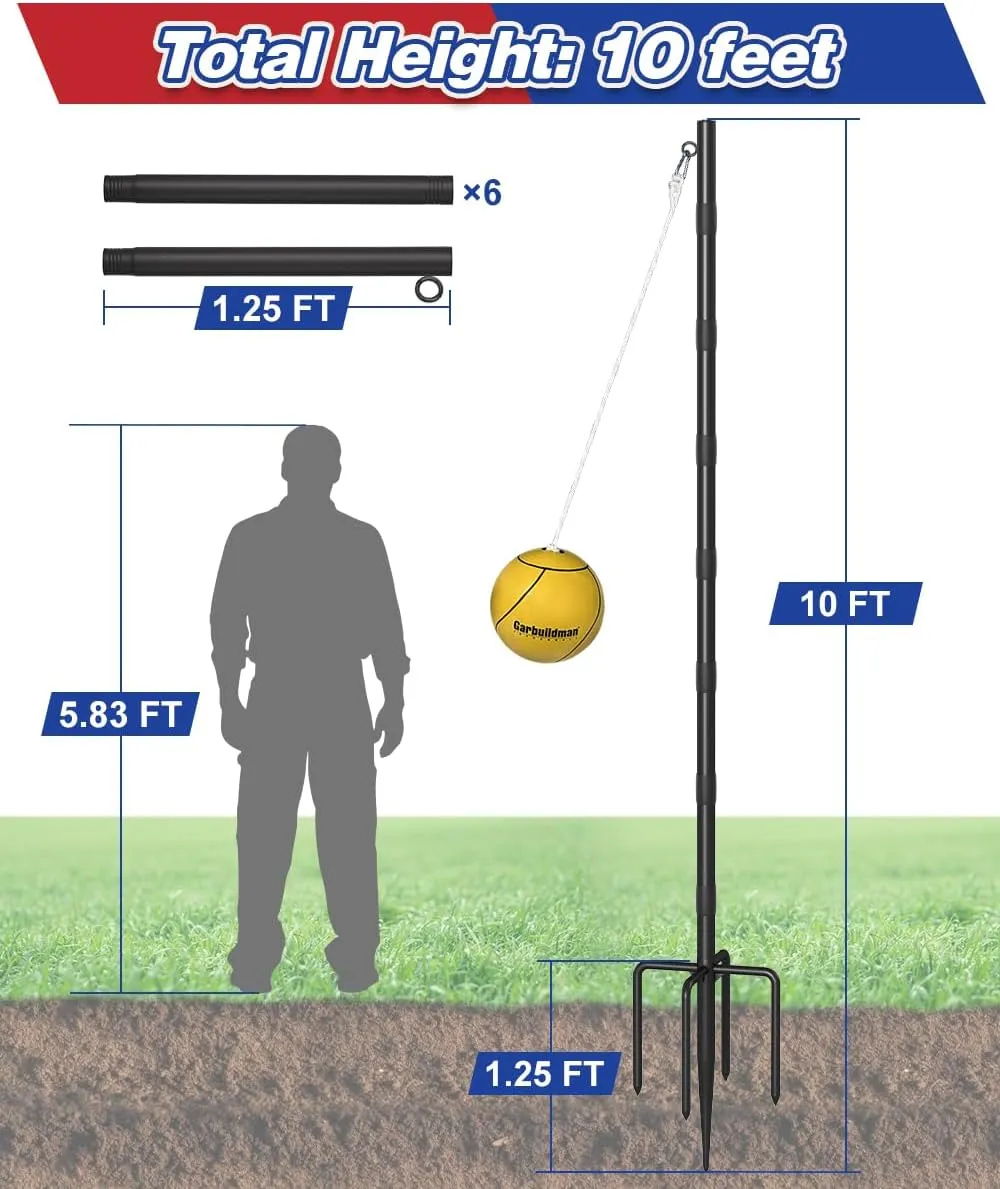 Garbuildman Tetherball Set with Ball & Rope for Outdoor Backyard, Adjustable Tether Ball Pole with 5-Prong Base & Rubber Sleeve for Playground, Outside Ball Games Sports for Kids, Adults