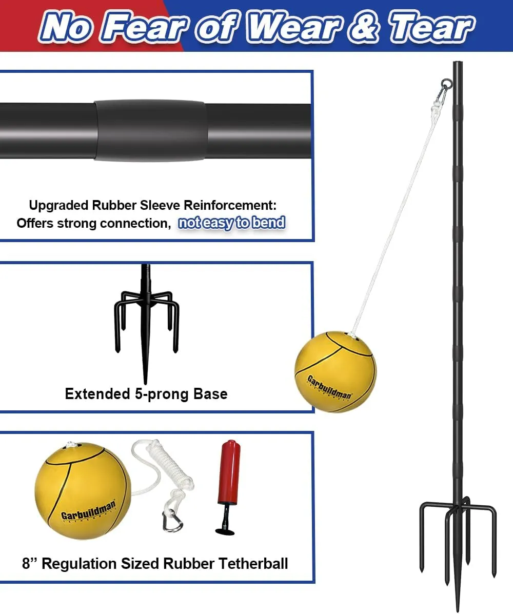 Garbuildman Tetherball Set with Ball & Rope for Outdoor Backyard, Adjustable Tether Ball Pole with 5-Prong Base & Rubber Sleeve for Playground, Outside Ball Games Sports for Kids, Adults