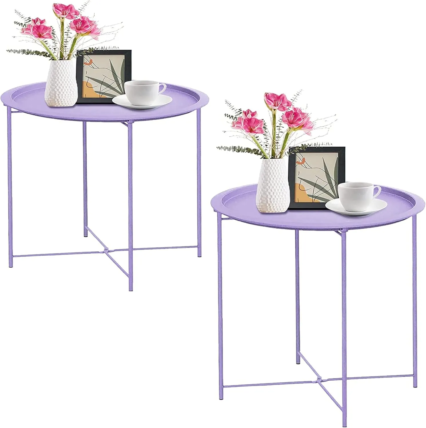 Garden 4 you End Table Set of 2, Outdoor Side Table, Small Patio Table Metal Side Table, Round Folding Side Table, for Outdoor and Living Room,Purple
