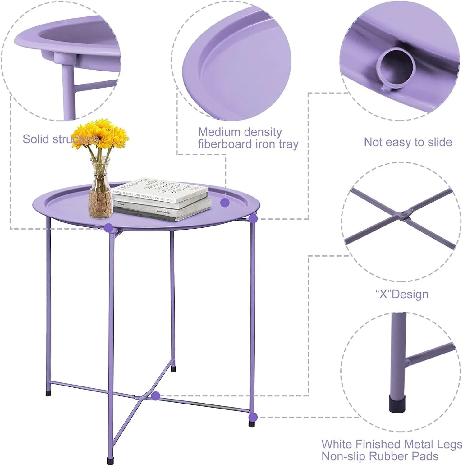 Garden 4 you End Table Set of 2, Outdoor Side Table, Small Patio Table Metal Side Table, Round Folding Side Table, for Outdoor and Living Room,Purple