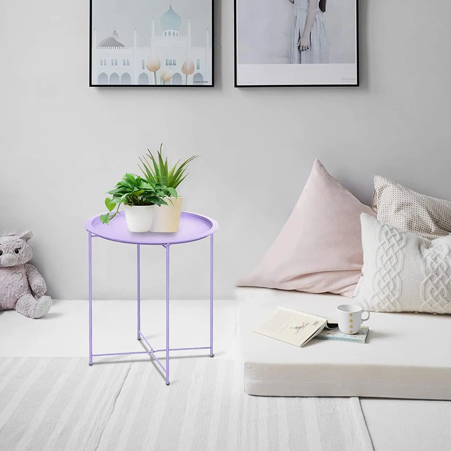 Garden 4 you End Table Set of 2, Outdoor Side Table, Small Patio Table Metal Side Table, Round Folding Side Table, for Outdoor and Living Room,Purple