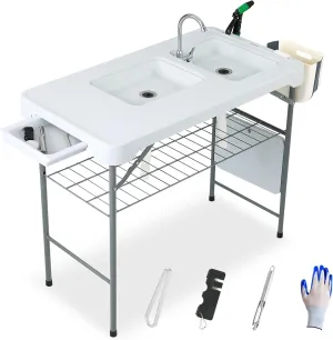 Garturects Folding Fish Cleaning Table Portable - Camping Sink Table Outdoor Sink Station with Faucet Drainage Hose & Sprayer Fish Fillet Cleaning Station