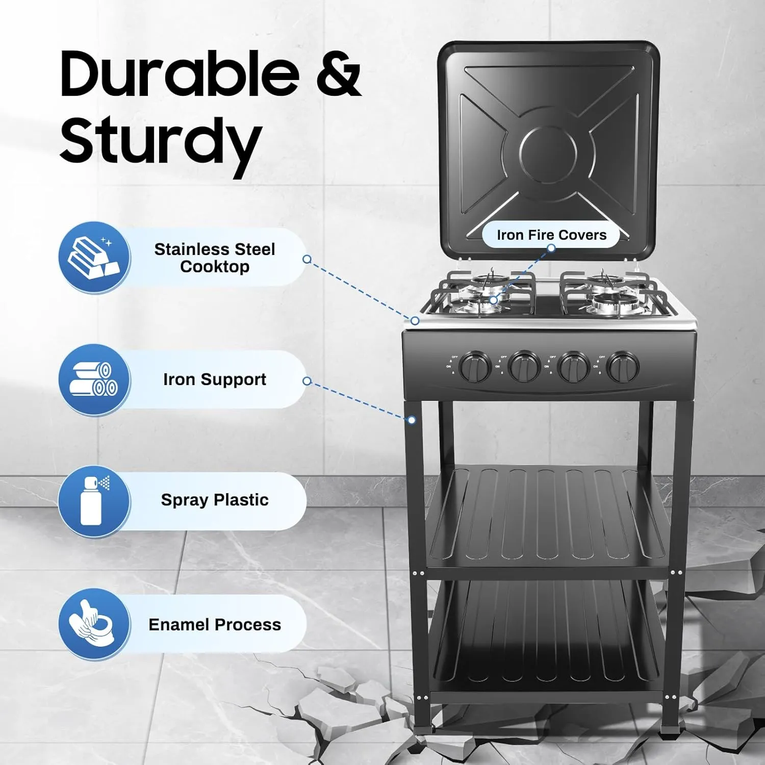 Gas Stove, 300000BTU Portable Gas Stove with Support Leg Stand and Wind Blocking Cover Adapter, Stainless Steel Manual Ignition Camping Stove 4 Burner LNG for RV, Apartment, Outdoor Cooking