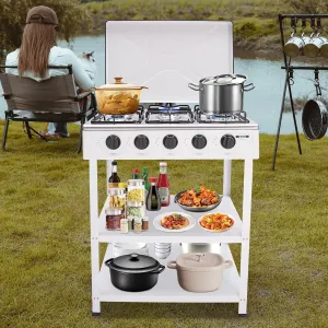 Gas Stove 5 Burners, Portable Gas Stove with Support Leg Stand and Wind Blocking Cover Adapter, Manual Ignition Camping Stove LNG for RV, Apartment, Outdoor Cooking (White)