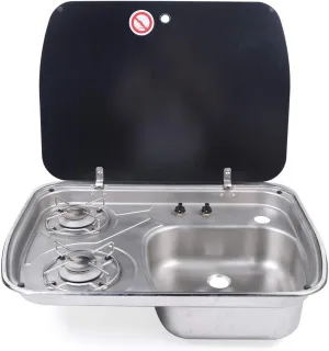 Gas Stove, GR-588 1.35KW 2 Burners Gas Sink Stoves Stainless Steel Cooktop Sink Combo Rectangular Gas Camping Cooking Cooker Stoves w/Tempered Glass Lid for Caravans, Motorhomes, Boats