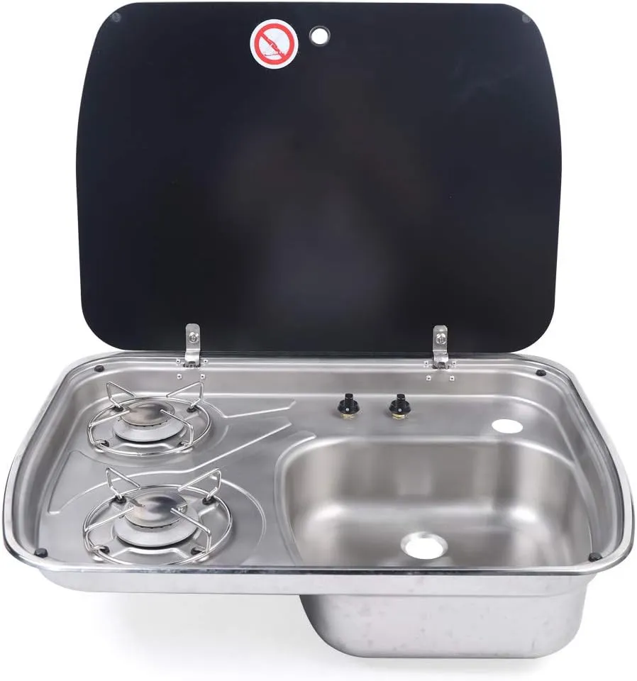 Gas Stove, GR-588 1.35KW 2 Burners Gas Sink Stoves Stainless Steel Cooktop Sink Combo Rectangular Gas Camping Cooking Cooker Stoves w/Tempered Glass Lid for Caravans, Motorhomes, Boats