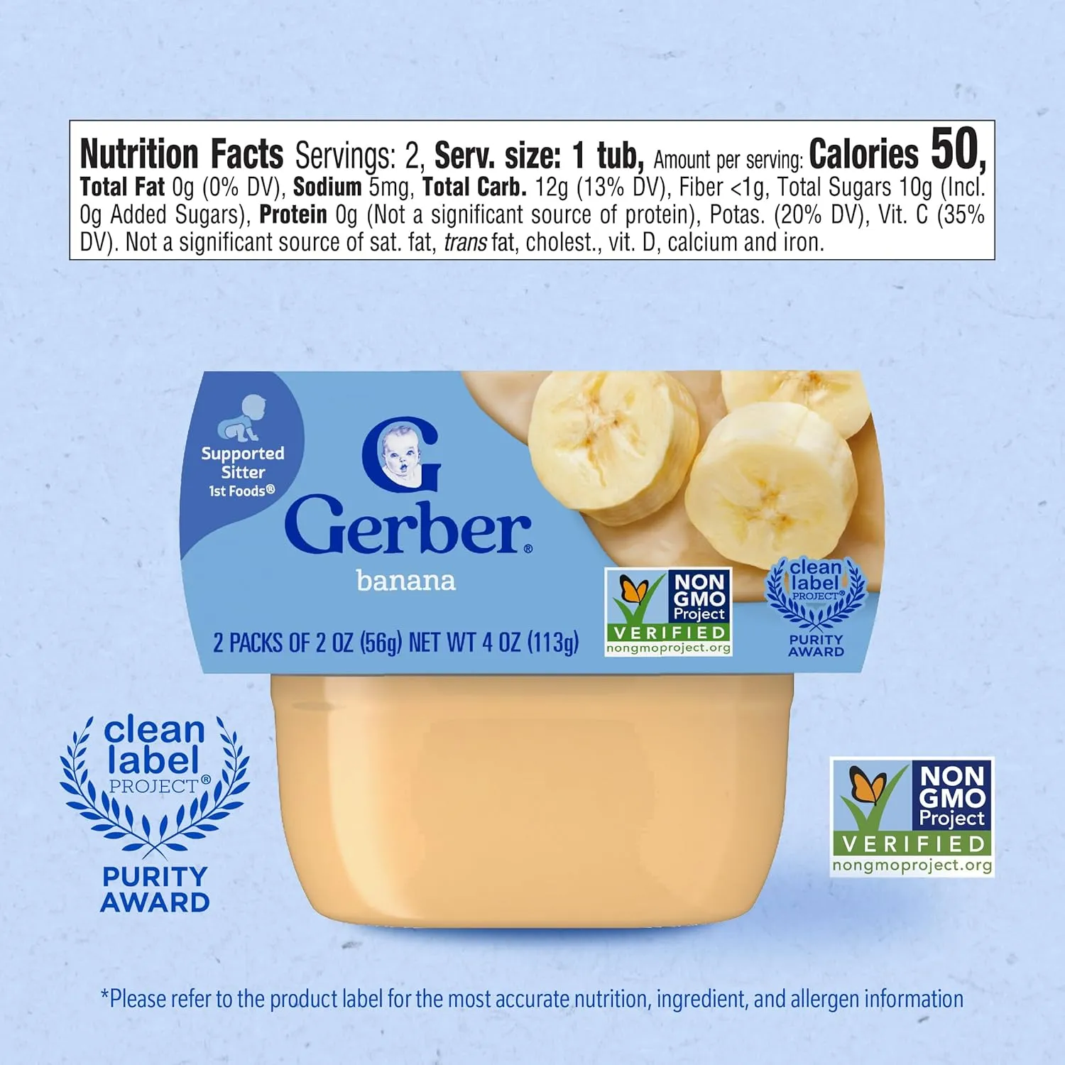 Gerber 1st Foods Baby Food Banana Puree, Natural & Non-GMO, 2 Ounce Tubs, 2-Pack (Pack of 8)