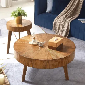 Gexpusm Round Wood Coffee Table Set of 2, Farmhouse Solid Wood Coffee Table ＆ End Table Side Table for Living Room, Circle Rustic End Table Set, No Need Assembly (2 Piece, 31x31x16 in)