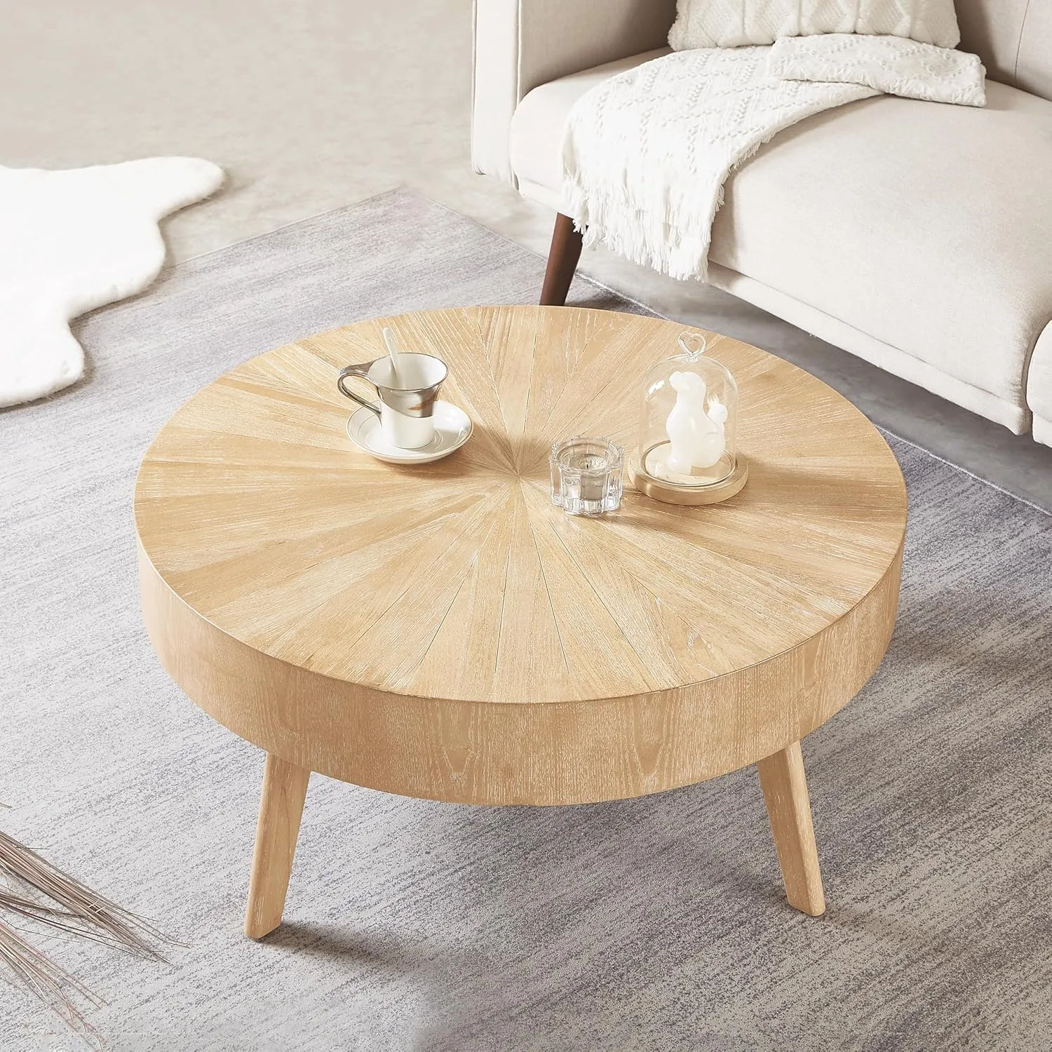 Gexpusm Round Wood Coffee Tables for Living Room, Farmhouse Circle Coffee Table, Rustic Mid Century Wooden Coffee Tables for Apartment, Easy Assembly (Only Coffee Table, 31.50" Dx31.50 Wx14.29 H)