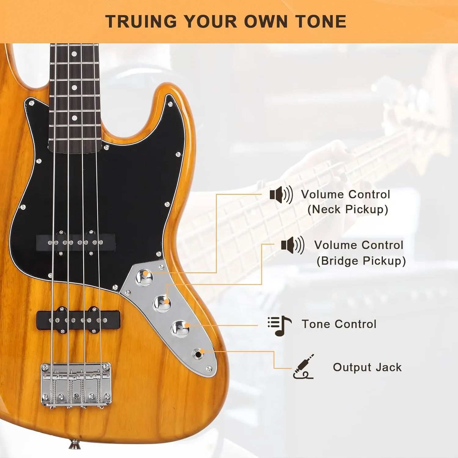 GLARRY 4 String GJazz Electric Bass Guitar Full Size Right Handed with Guitar Bag, Amp Cord and Beginner Kits (Transparent Yellow)