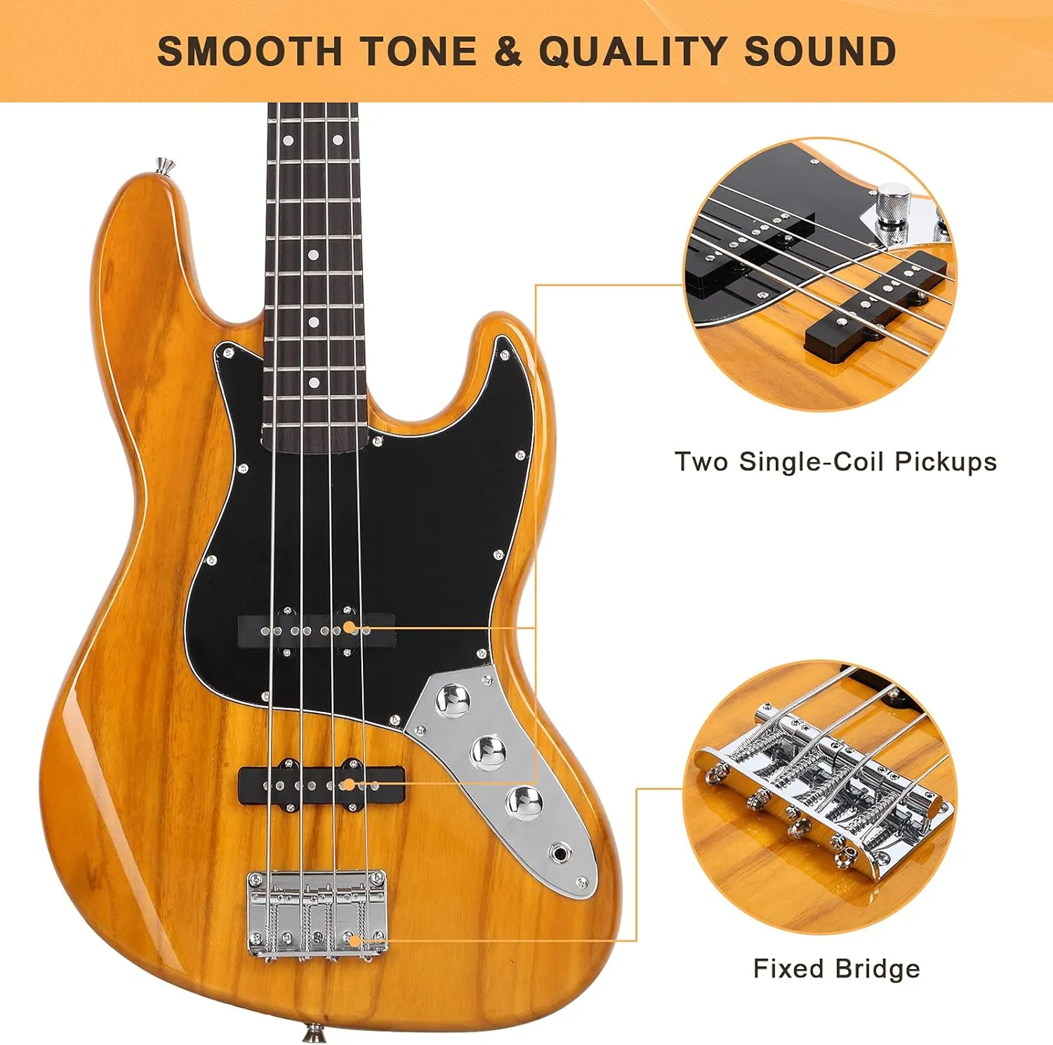 GLARRY 4 String GJazz Electric Bass Guitar Full Size Right Handed with Guitar Bag, Amp Cord and Beginner Kits (Transparent Yellow)