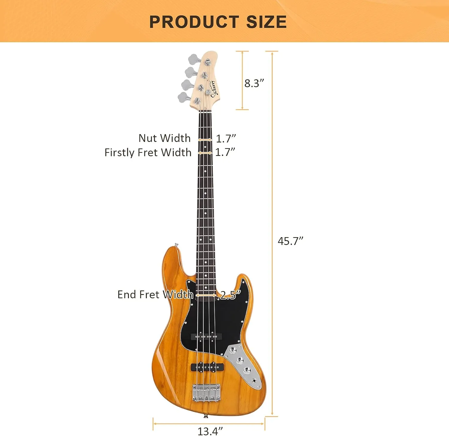 GLARRY 4 String GJazz Electric Bass Guitar Full Size Right Handed with Guitar Bag, Amp Cord and Beginner Kits (Transparent Yellow)