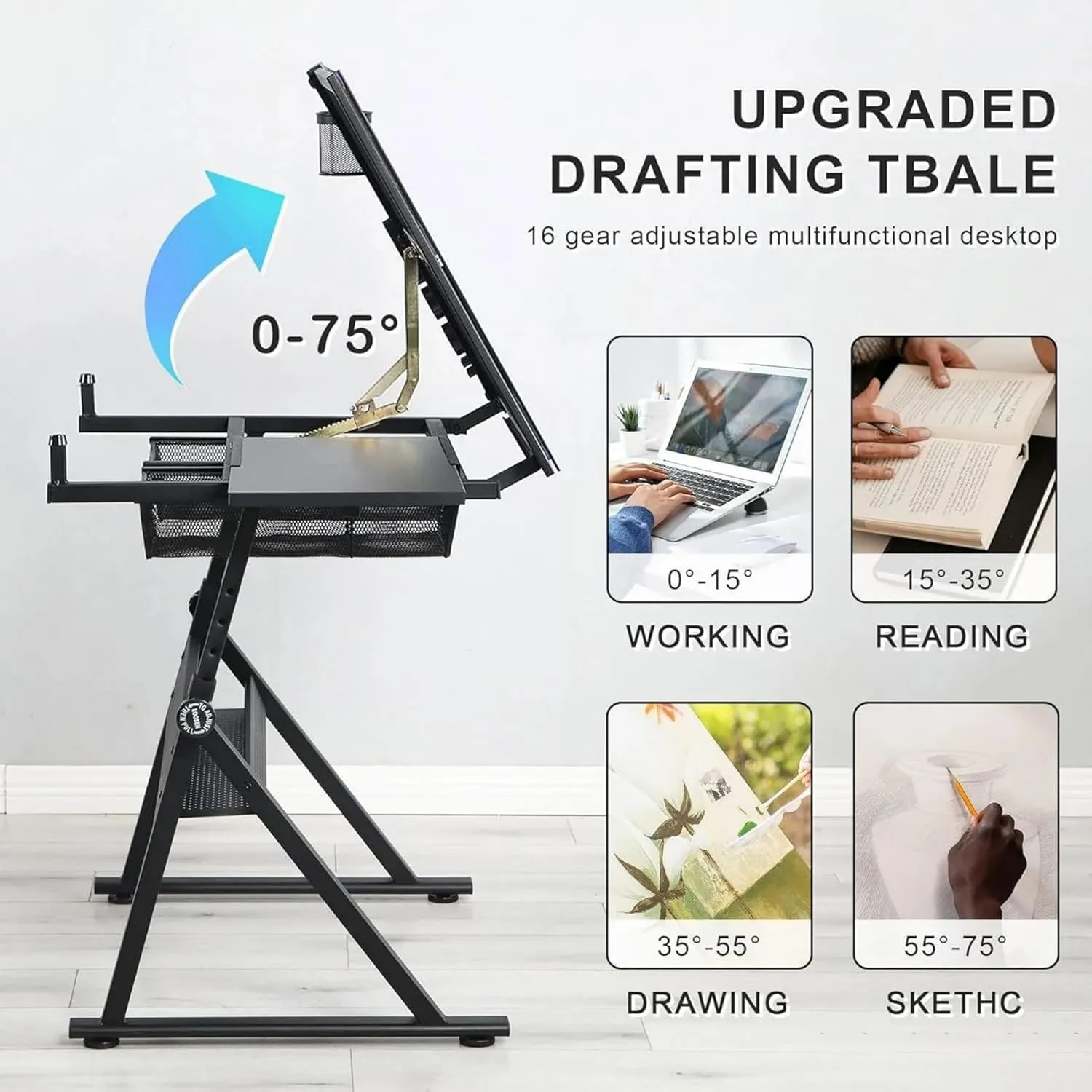 Glass Drafting Table and Stool Sets, Adjustable Height Drawing Table Art Craft Artist Desk Tilting Glass Tabletop with 2 Storage Drawers for Home Office (Black)