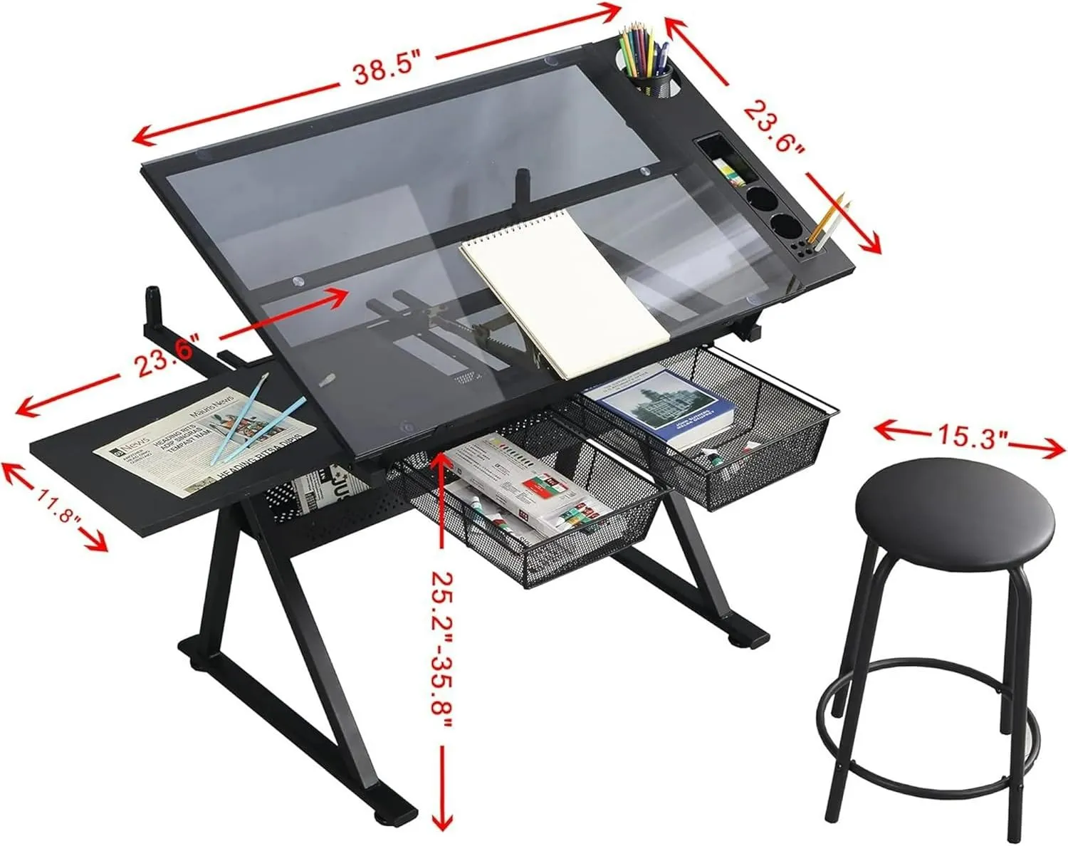Glass Drafting Table and Stool Sets, Adjustable Height Drawing Table Art Craft Artist Desk Tilting Glass Tabletop with 2 Storage Drawers for Home Office (Black)