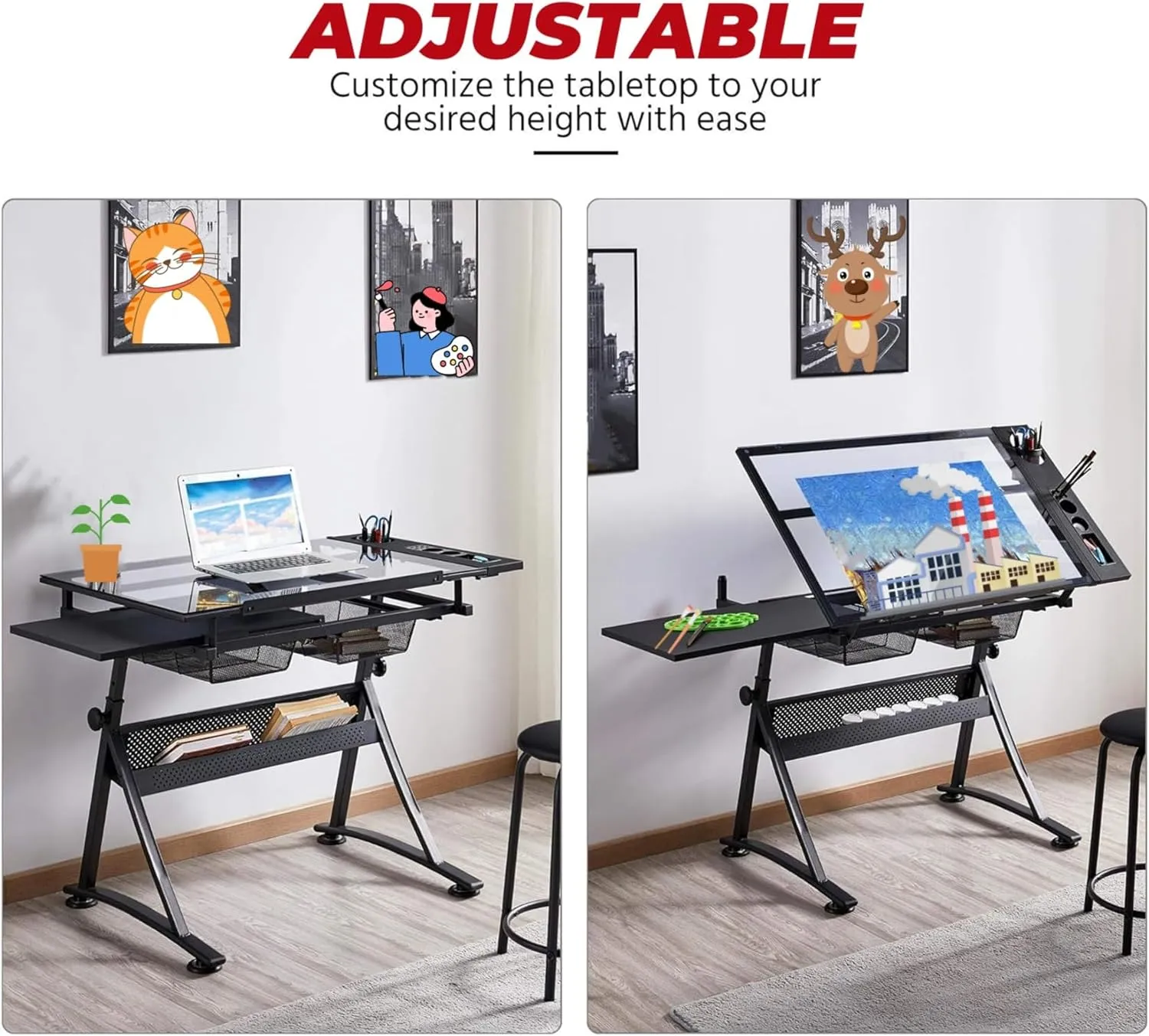 Glass Drafting Table and Stool Sets, Adjustable Height Drawing Table Art Craft Artist Desk Tilting Glass Tabletop with 2 Storage Drawers for Home Office (Black)
