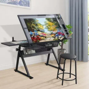 Glass Drafting Table and Stool Sets, Adjustable Height Drawing Table Art Craft Artist Desk Tilting Glass Tabletop with 2 Storage Drawers for Home Office (Black)