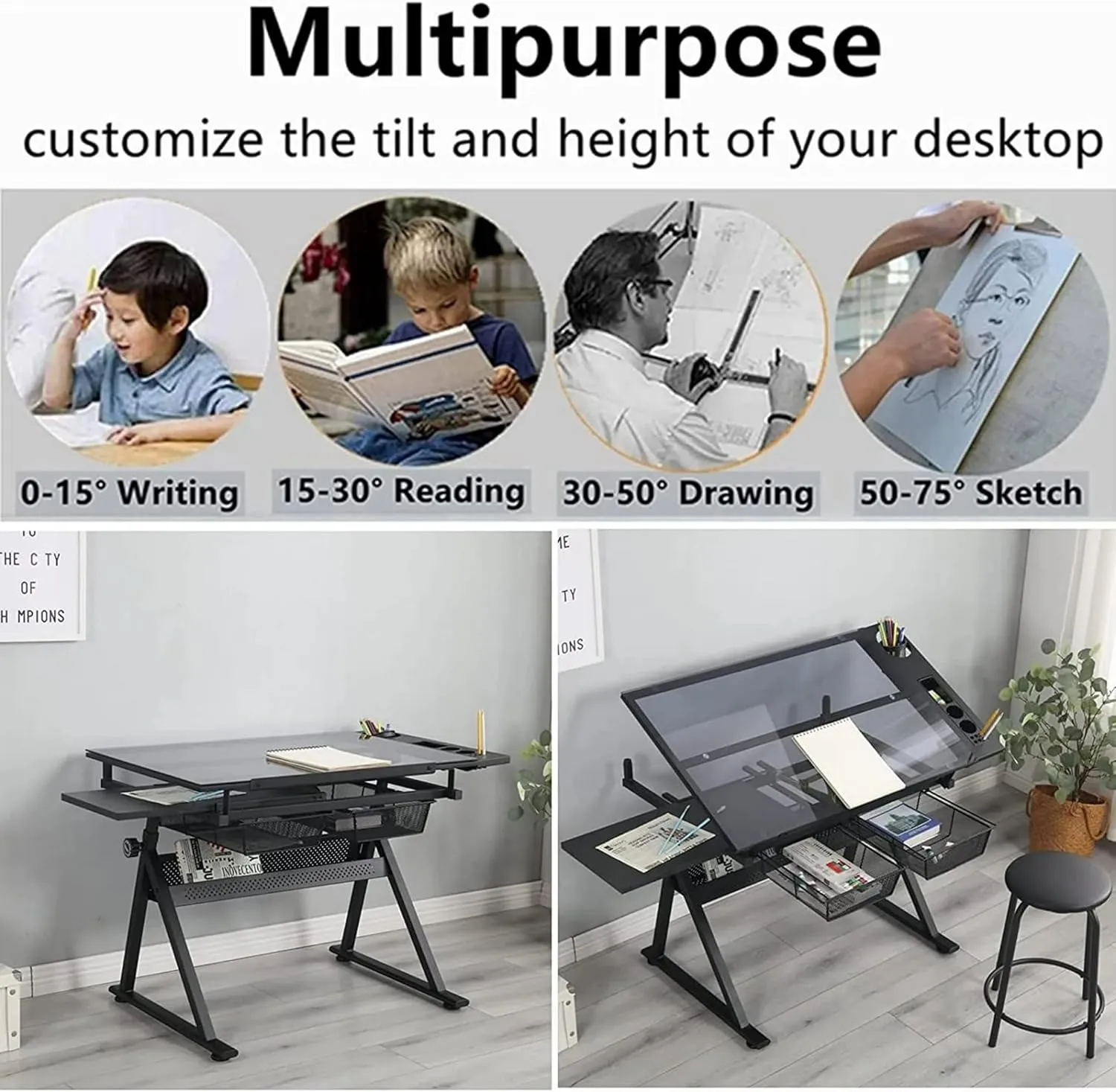 Glass Drafting Table and Stool Sets, Adjustable Height Drawing Table Art Craft Artist Desk Tilting Glass Tabletop with 2 Storage Drawers for Home Office (Black)