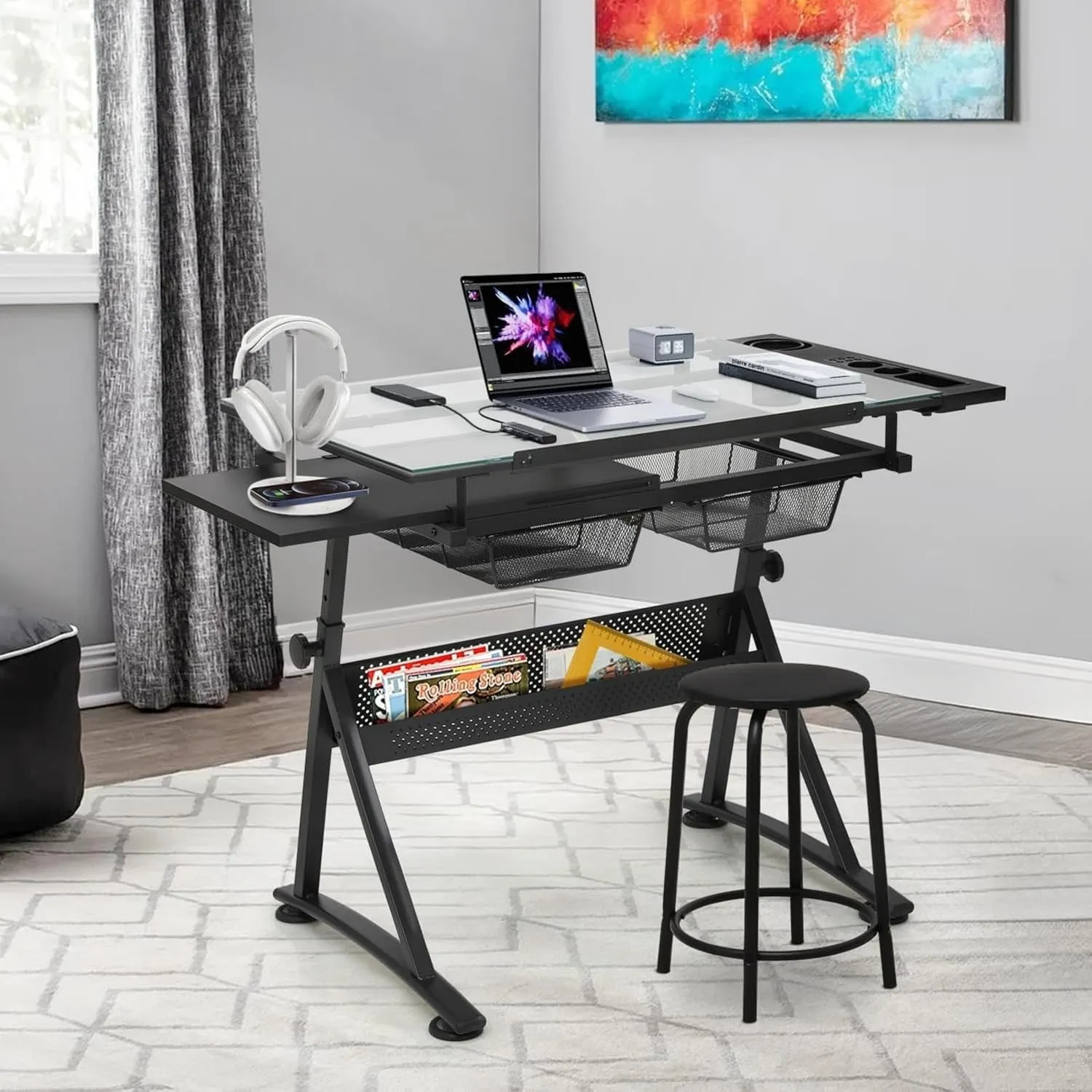 Glass Drafting Table and Stool Sets, Adjustable Height Drawing Table Art Craft Artist Desk Tilting Glass Tabletop with 2 Storage Drawers for Home Office (Black)