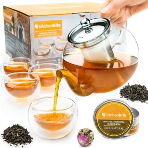 Glass Teapot Set with 4 Double Wall Teacups & Removable Stainless Steel Infuser - Microwave Dishwasher Safe Clear Blooming Loose Leaf Teas, Tea Maker Gift