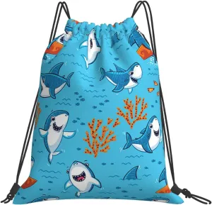 Gocerktr Cute Shark Drawstring Backpack Waterproof Lightweight String Bag For Outdoor Yoga Gym Swimming Travel One Size