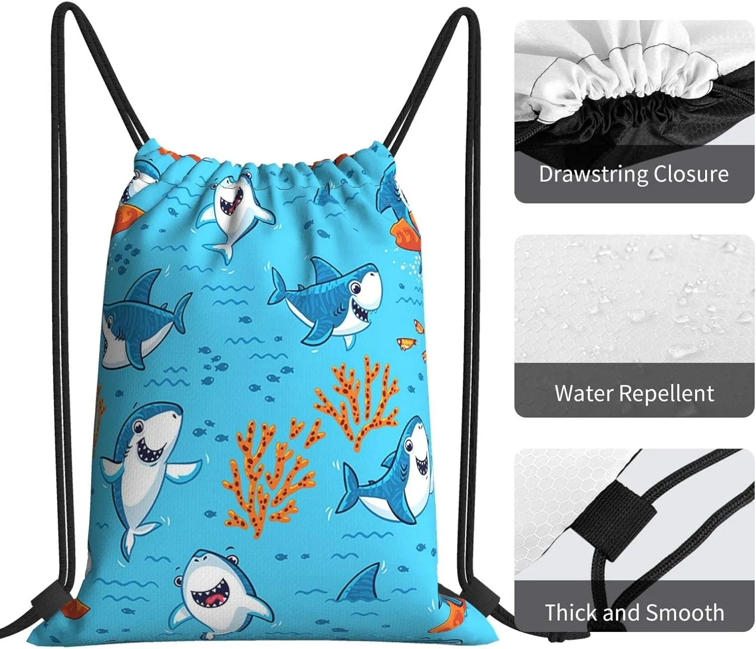 Gocerktr Cute Shark Drawstring Backpack Waterproof Lightweight String Bag For Outdoor Yoga Gym Swimming Travel One Size