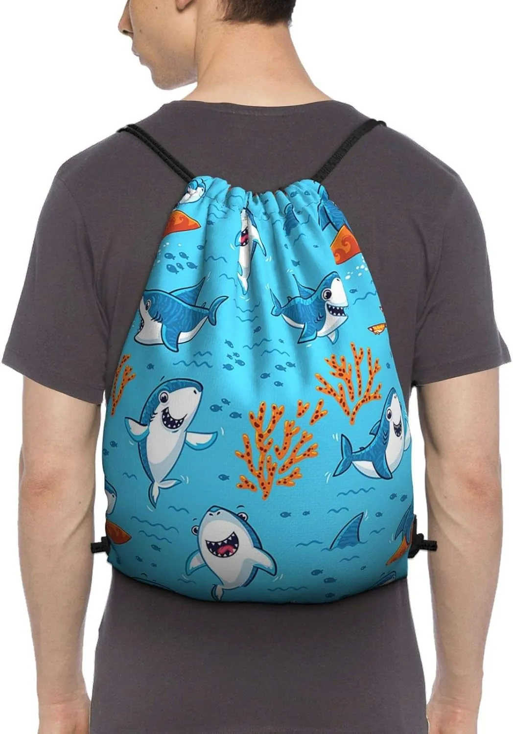 Gocerktr Cute Shark Drawstring Backpack Waterproof Lightweight String Bag For Outdoor Yoga Gym Swimming Travel One Size
