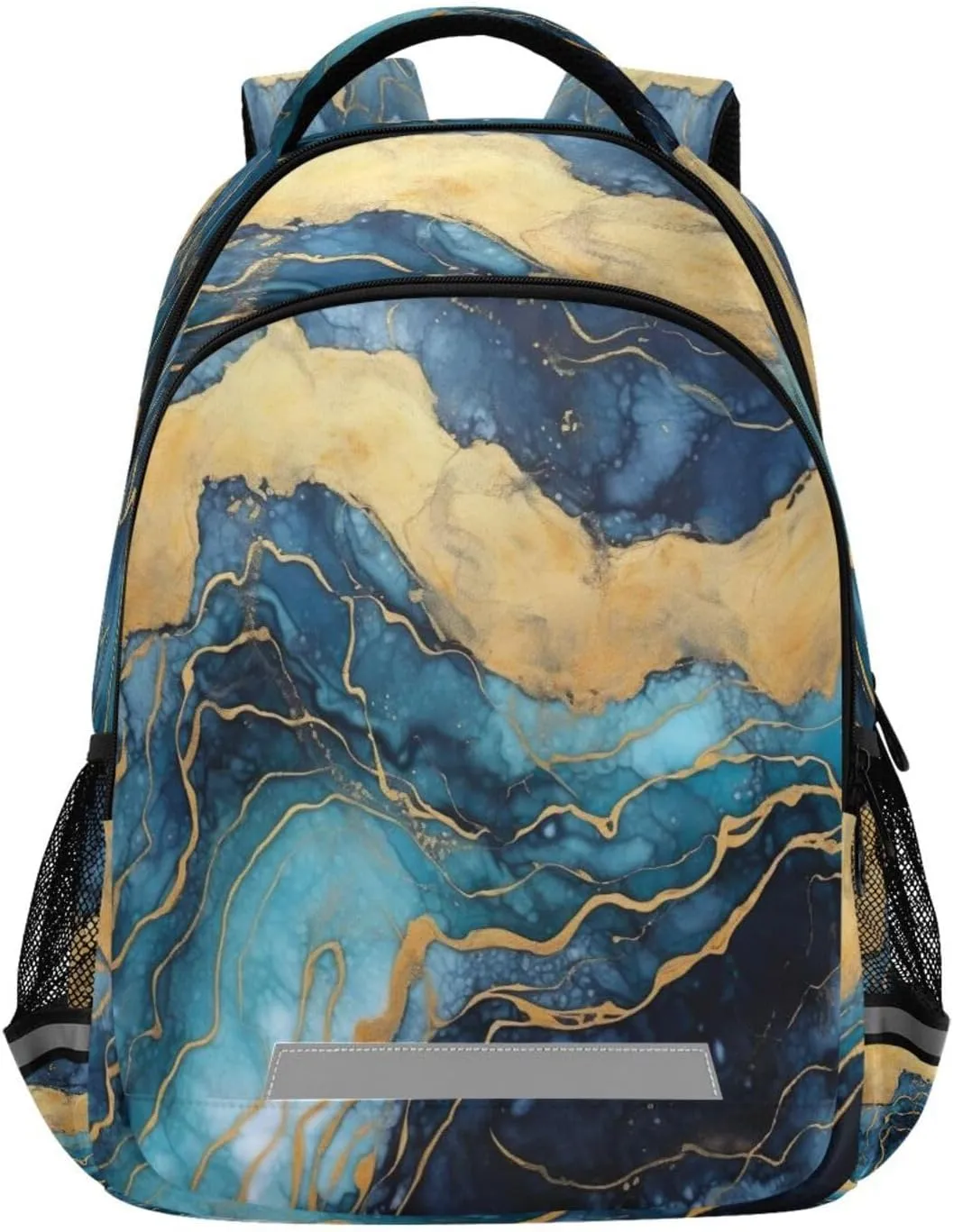 Gold Blue Marble Design Waterproof Backpack - Casual Outdoor Sports Daypack with Ergonomic Shoulder Straps#762