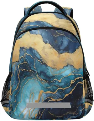 Gold Blue Marble Design Waterproof Backpack - Casual Outdoor Sports Daypack with Ergonomic Shoulder Straps#762