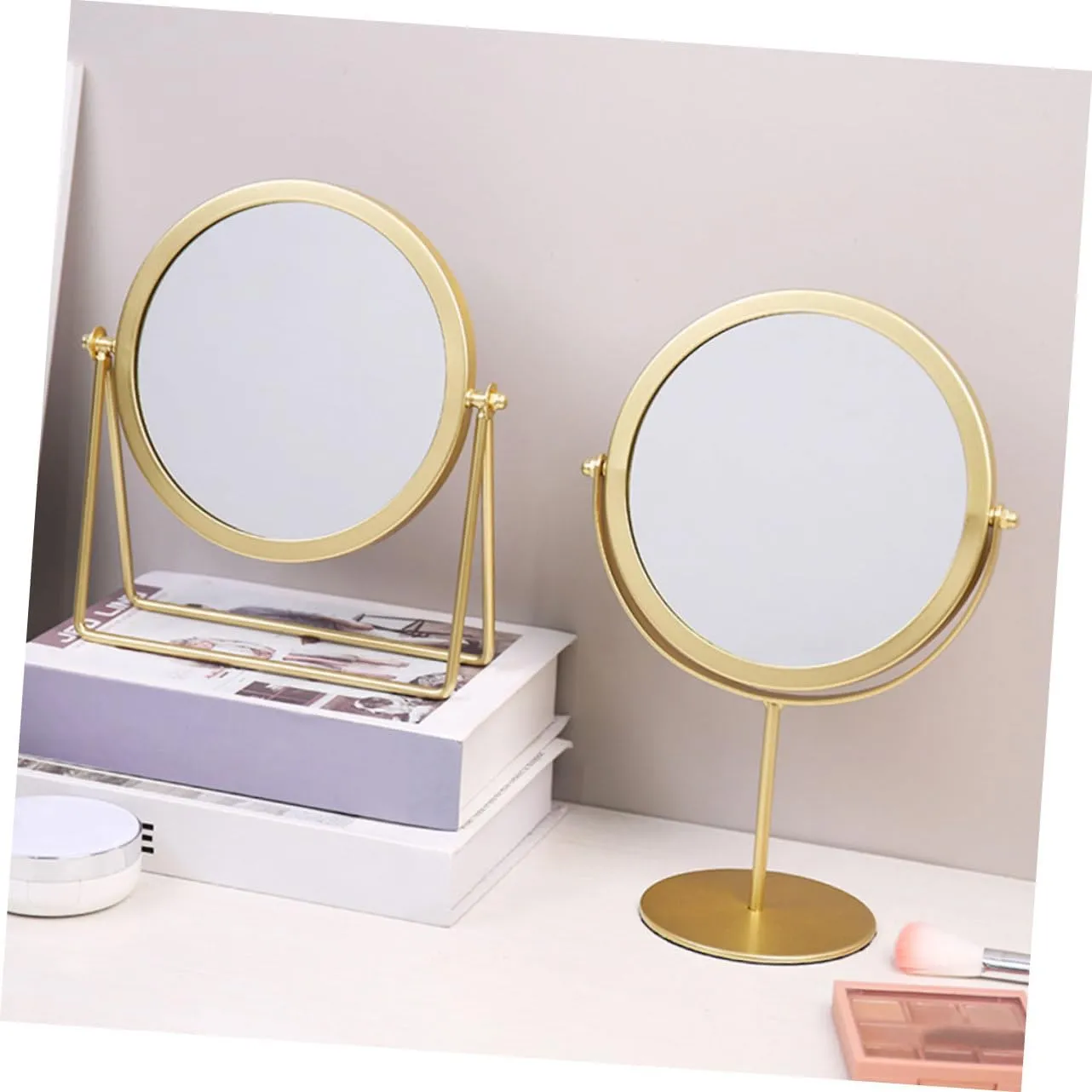 Gold Round Mirror Magnified Makeup Table Mirror Rotating Base Women's Personal Mirror Home Dec