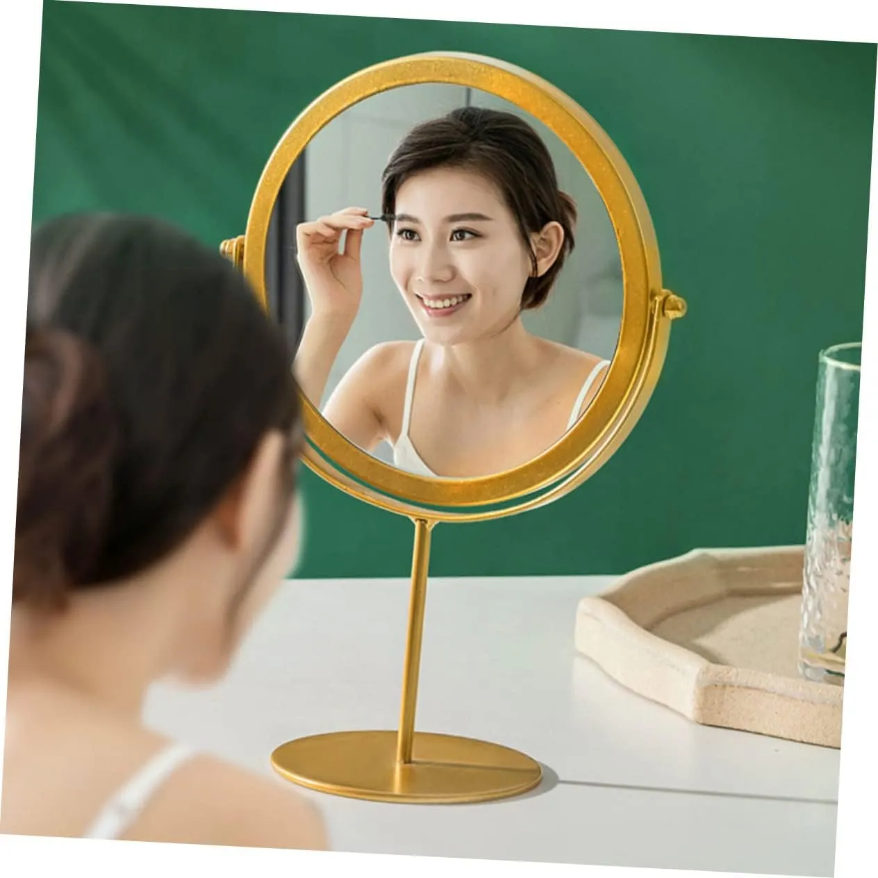 Gold Round Mirror Magnified Makeup Table Mirror Rotating Base Women's Personal Mirror Home Dec
